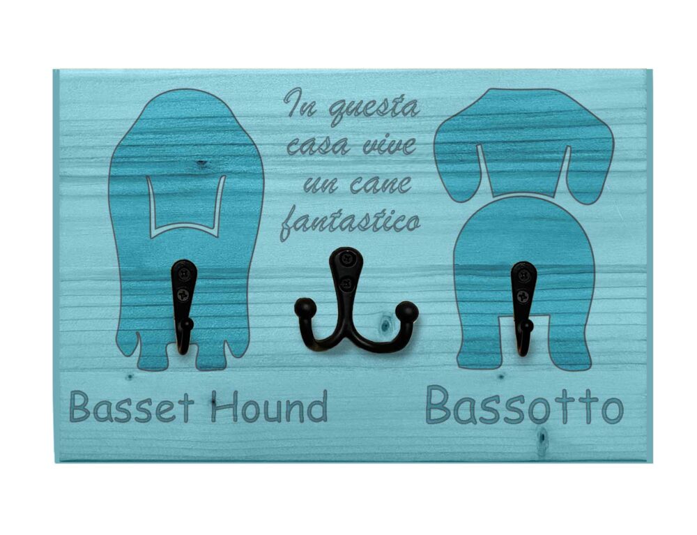 Portaguinzagli personalizzabile doppio con portachiavi - Panpet - Bassett Hound e Bassotto - azzurro