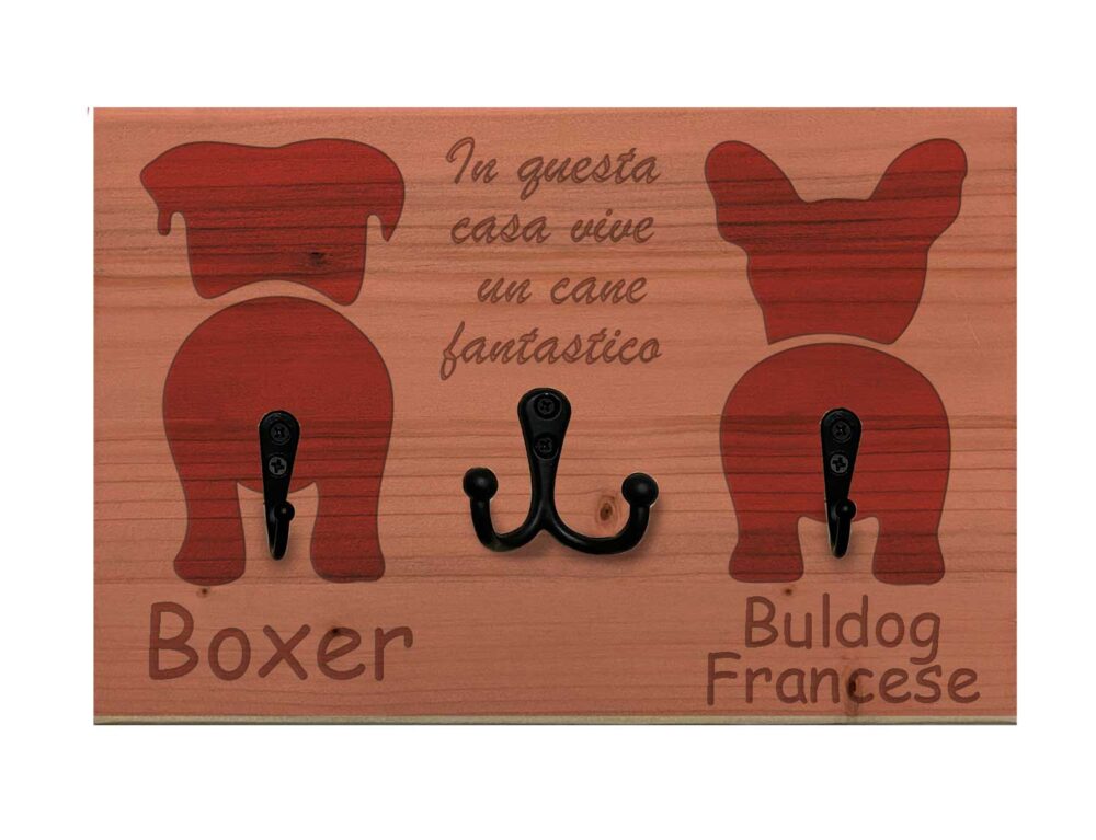 Portaguinzagli personalizzabile doppio con portachiavi - Panpet - Boxer e Bulldog Francese - legno mogano