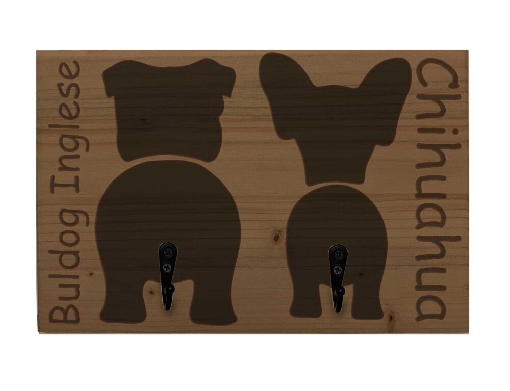Portaguinzagli personalizzabile doppio - Panpet - Bulldog Inglese e Chihuahua - Legno Noce Chiaro