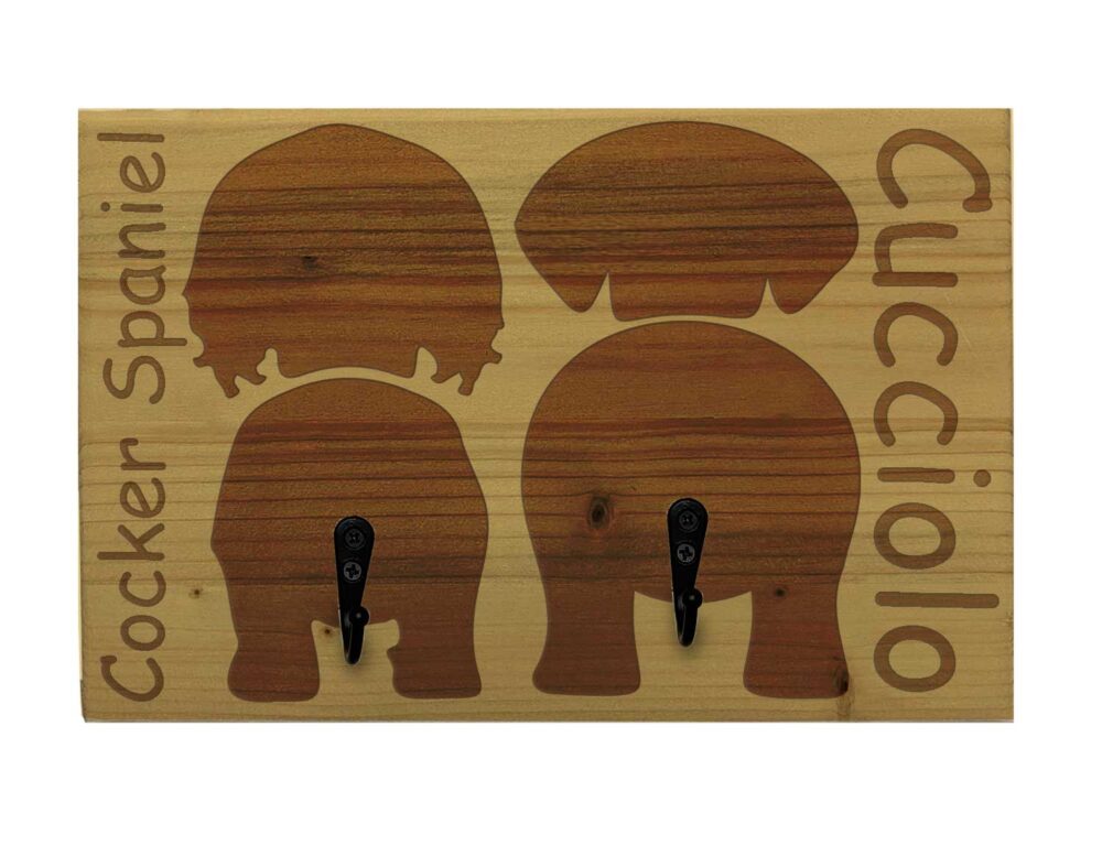 Portaguinzagli personalizzabile doppio - Panpet - Cucciolo e Cocker Spaniel - Legno Rovere